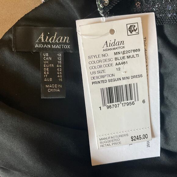 Aidan Mattox Sequined One Shoulder Mini Sheath Cocktail Dress Blue Multi Size 12 - Picture 10 of 13